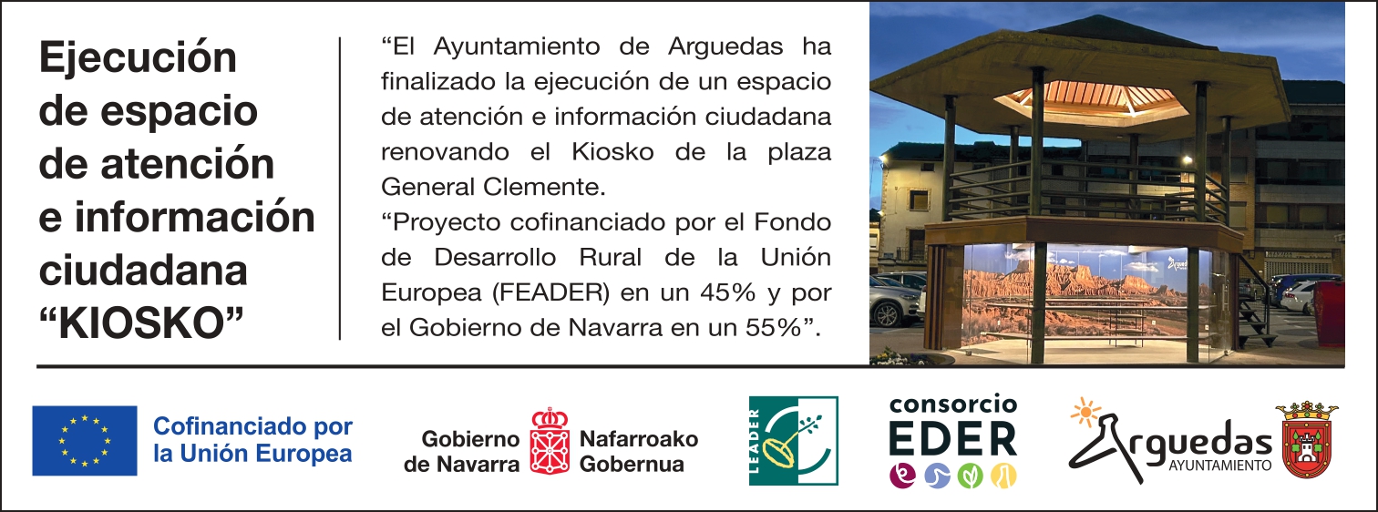 Cartel del proyecto de ejecución del espacio de atención e información ciudadana «Kiosko» de Arguedas.