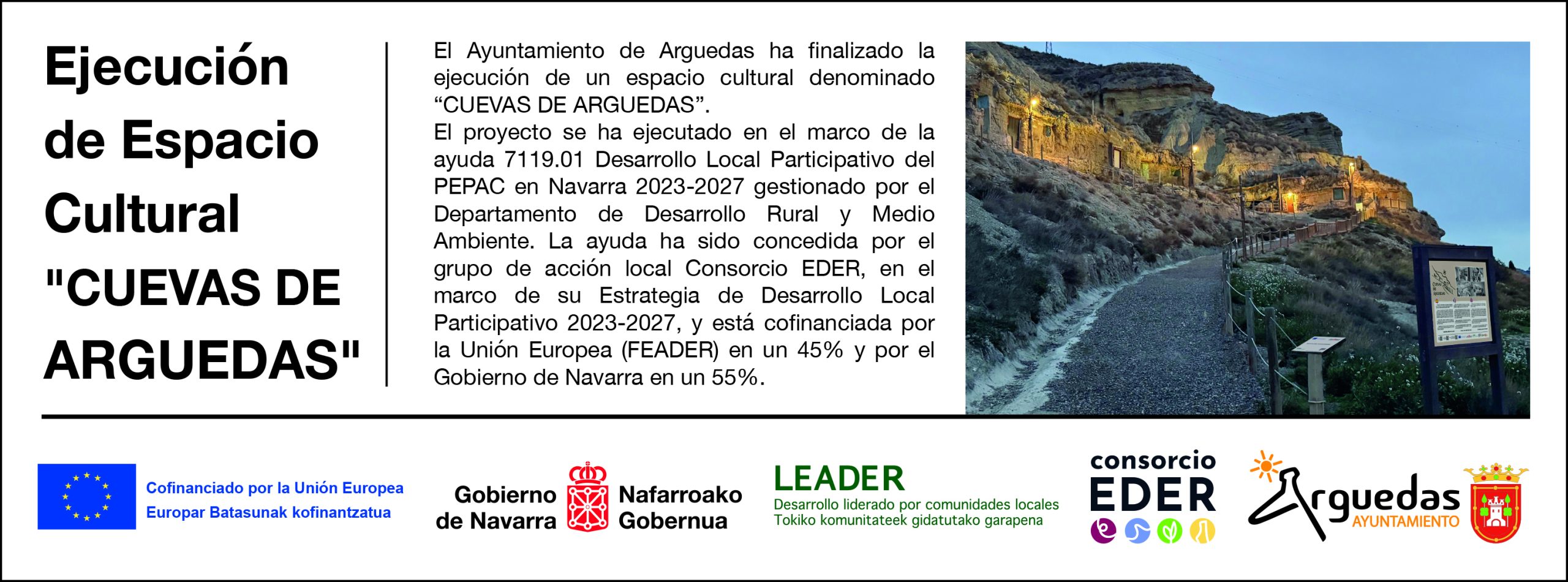 Cartel del proyecto de ejecución del espacio cultural «Cuevas de Arguedas».